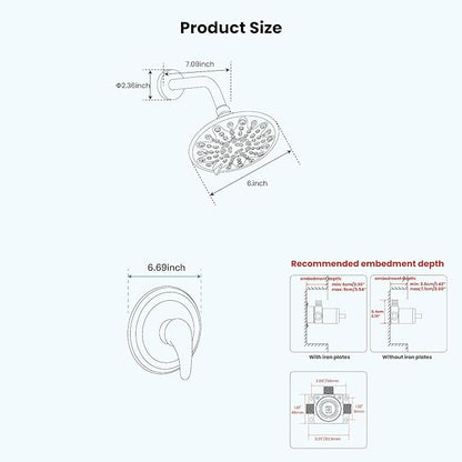 gotonovo Shower Faucet Set Bathroom Shower Head and Handle Set Complete 6 Settings 6 inch Rainfall Shower Head Kit High Pressure Shower System Combo Shower Trim Kit with Valve Brushed Nickel