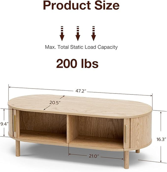 ZttRiee Coffee Table for Living Room, Modern Oval Coffee Table with Cabinets & Sliding Doors, Home Small Space, 47.2" Fluted Center Table, Natual