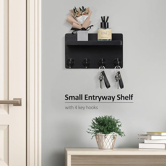Nekon Key Holder Wall Mount, 8.5 Inch Small Home Decor Wooden Wall Organizer with 4 Hooks and Shelf, Wall Decor for Living Room Entryway Kitchen (Black)