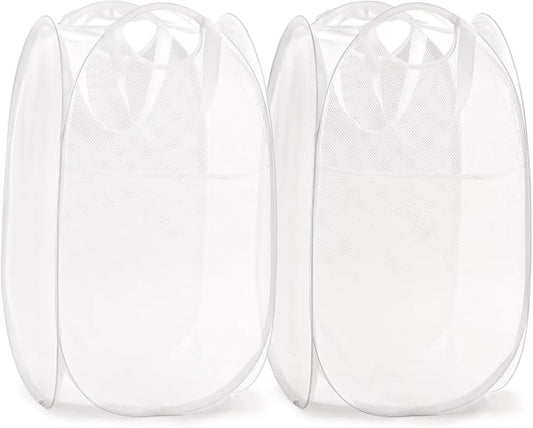 TECHMILLY Collapsible Mesh Pop Up Laundry Hamper with Sturdy Handles and Side Pocket - Portable Foldable Clothes Baskets for Dorm, Bathroom & Travel Storage (White, 2 Packs)