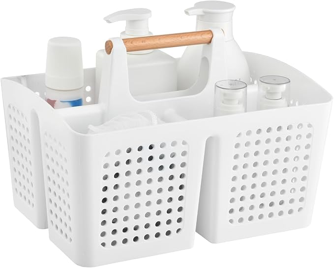 Portable Shower Caddy Basket with Compartments, Plastic Divided Cleaning Caddy Organizer Storage Tote with Handle for Bathroom, College, Dorm Room Essentials, White