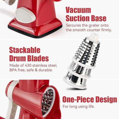 KEOUKE Rotary Cheese Grater Hand Crank Red - Shredder Slicer Grinder 3 Stainless Steel Blades, Stable Suction, Labor-Saving Handle, Safe Kitchen Tool for Cheese, Vegetable, Nuts, Chocolate