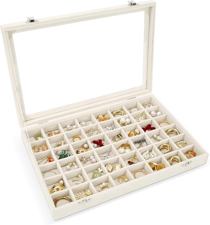 48 Grid Velvet Stud Earring Organizer Storage Tray, Adjustable Earring Holder Organizer with Clear Lid, Jewelry Display Box for Earrings, Rings, Necklaces and Studs, Gift for Women and Girls