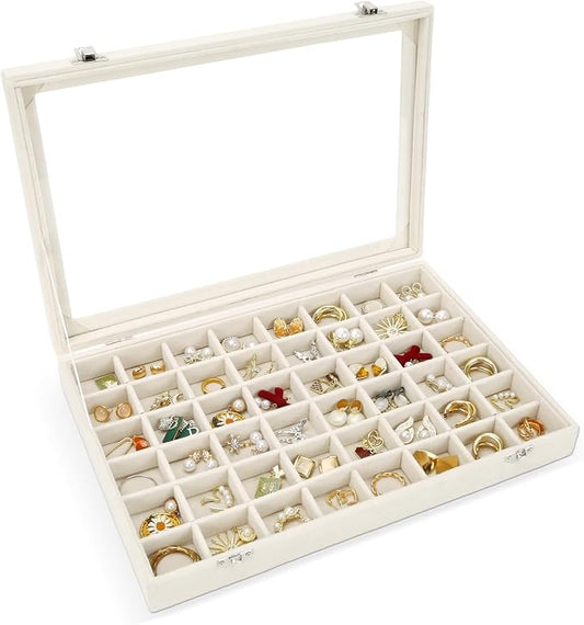 48 Grid Velvet Stud Earring Organizer Storage Tray, Adjustable Earring Holder Organizer with Clear Lid, Jewelry Display Box for Earrings, Rings, Necklaces and Studs, Gift for Women and Girls