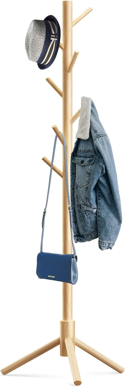 Hupmad Wooden Tree Coat Rack Stand,Sturdy Freestanding Coat Rack with 8 Hooks,3 Adjustable Height for Child Adult,Wood Coat Stand Tree Fits Entryway Bedroom Office for Bags,Hats