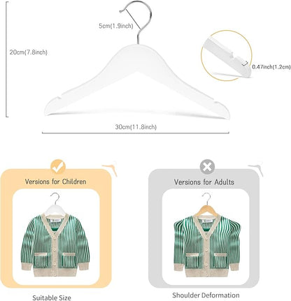 Nature Smile Kids Baby Children Toddler Wooden Shirt Coat Hangers with Notches and Anti-Rust Chrome Hook Pack of 10 (White)