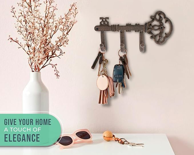 Comfify Decorative Skeleton Key Hook – Wall Mounted Cast Iron with 3 Hooks – Vintage Rustic Style – 7.7" x 4.5" – Includes Screws and Anchors