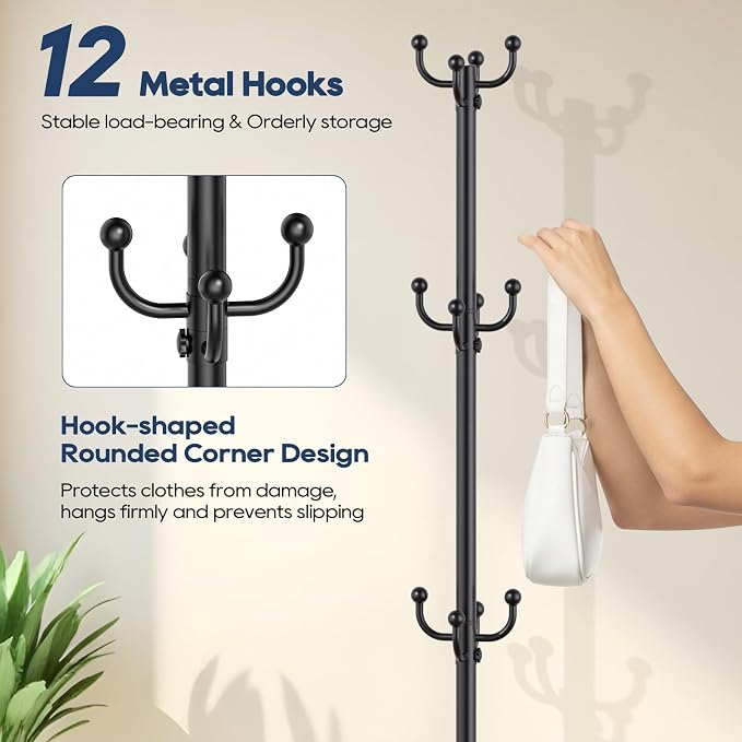 Coat Rack Freestanding, Black Coat Rack with Umbrella Holder, standing hat rack umbrella stand for entryway, coat hanger stand with 12 Hooks, office coat tree for Hat, Umbrella, jacket, Bag, Clothes