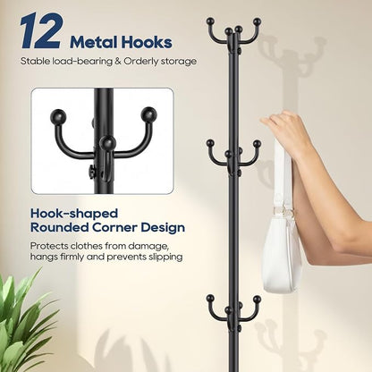 Coat Rack Freestanding, Black Coat Rack with Umbrella Holder, standing hat rack umbrella stand for entryway, coat hanger stand with 12 Hooks, office coat tree for Hat, Umbrella, jacket, Bag, Clothes