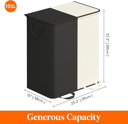 Lifewit Double Laundry Hamper with Lid and Removable Laundry Bags, Large Collapsible 2 Dividers Dirty Clothes Basket with Handles for Bedroom, Laundry Room, Closet, Bathroom, College, 155L White&Black