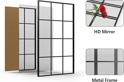 Metal Window Mirror Oversize, 47'' x 32'' Large Decorative Wall Mirror, Mirror Window for Wall Decor, Grid Wall Mirror for Living Room, Bedroom, Entryway, Matte Black