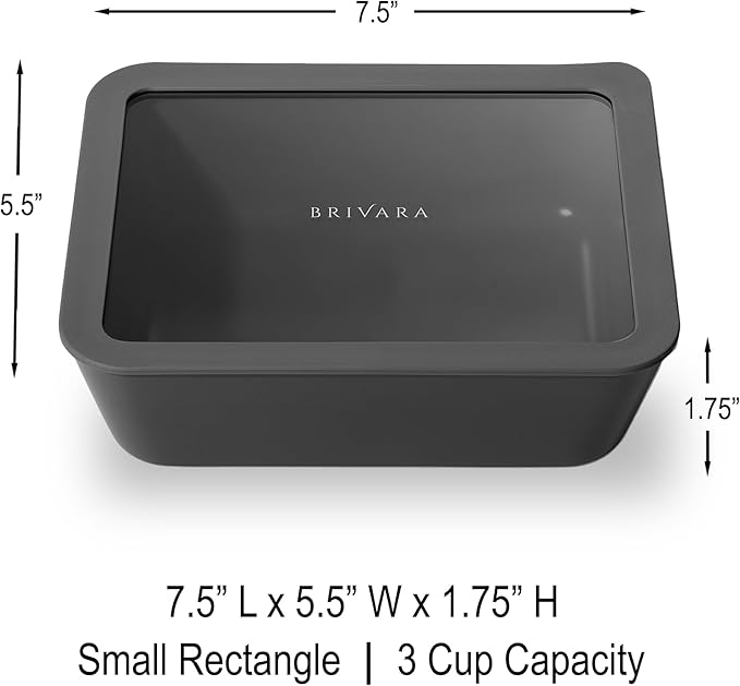 BRIVARA HOME Ceramic Coated Glass Food Storage Container | No PTFE, PFOA, PFAS, and BPA | Reusable Non Toxic Meal Prep Container with Glass Lid | Easy To Store | 3 Cup Rectangle [Onyx]