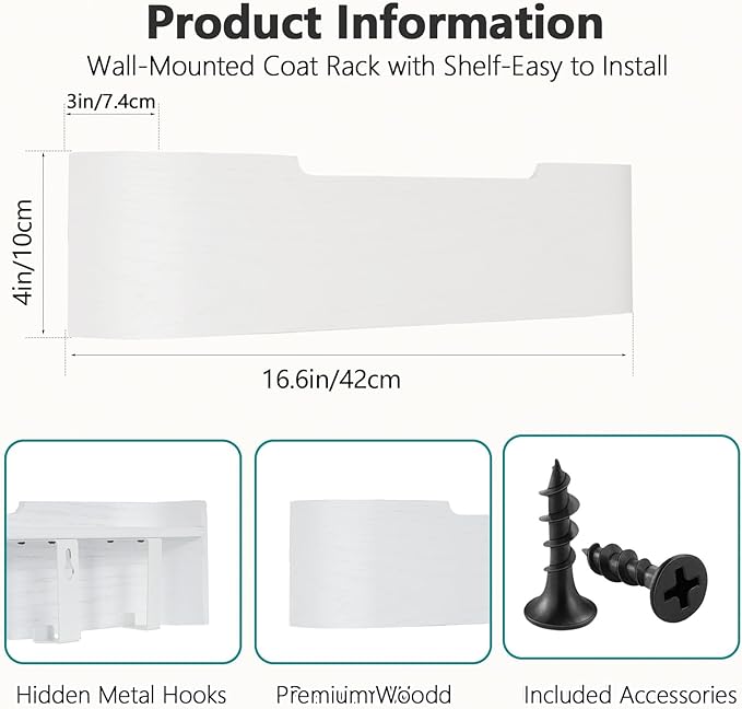 Coat Rack Wall Mount with Shelf 4 Hidden Hooks Modern Wooden Key Holder Entryway Organizer for Hallway Bedroom Bathroom Home Decor Storage for Hanging Coats Hats Bags Towels, White