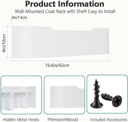 Coat Rack Wall Mount with Shelf 4 Hidden Hooks Modern Wooden Key Holder Entryway Organizer for Hallway Bedroom Bathroom Home Decor Storage for Hanging Coats Hats Bags Towels, White
