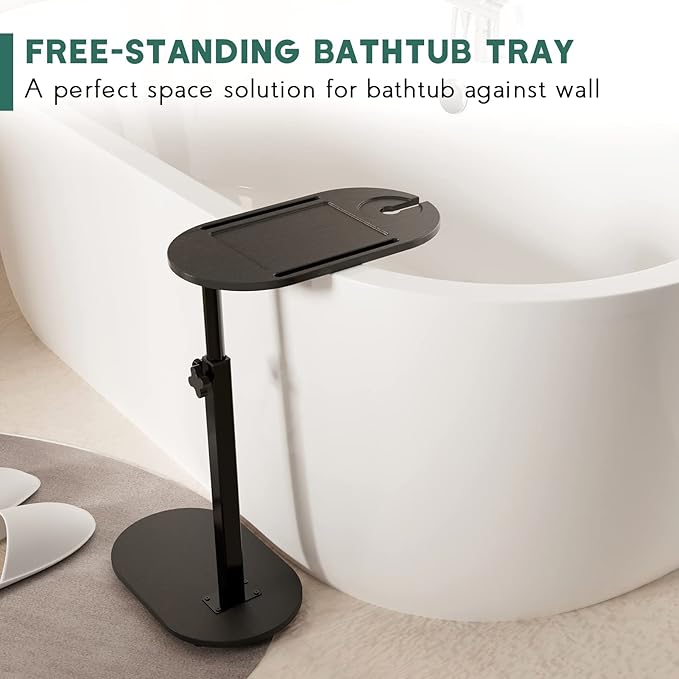 Yumkfoi Bamboo Bathtub Tray Table with Adjustable Height, Freestanding Bathtub Caddy for Tub Against Wall, Tub Organizer Suitable for Luxury Spa and House Warming - Patent Protected (Black)