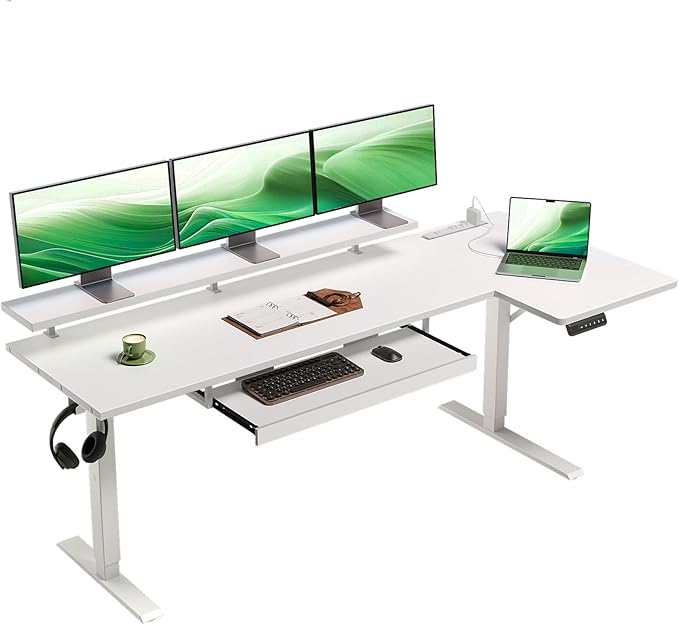 OffiGo 63 Inch L Shaped Electric Standing Desk with Keyboard Tray, Reversible Height Adjustable Corner Computer Desk with Monitor Stand, Sit Stand Up Lift Table for Home, Office, White