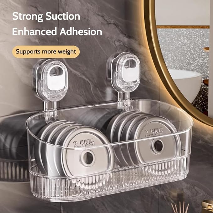 No-Drill Bathroom Suction Storage Box – Large Capacity & Strong Load-Bearing, Removable Hanging Shower Basket Caddy Organizer Drain Rack, with Drainage Hole & Adhesive Backing (Transparent, 1pc)