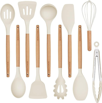 Silicone 10 Pcs Kitchen Cooking Utensils Set, Recycled Materials Certification, BPA Free Spatula Set with Heat Resistant Wood Handles for Nonstick Cookware, Cream White
