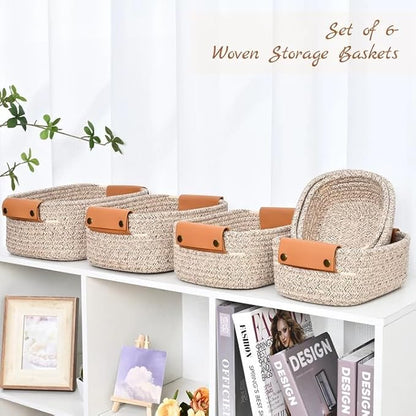 Storage Baskets for Organizing, Small Woven Basket Set of 6-4 Shelf Basket with Leather Handle and 2 Small Gift Baskets, Cotton Rope Basket for Shelves, Nursery, Dog Toy, Bathroom