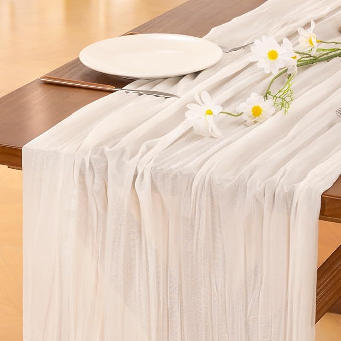 Socomi 6pcs Ivory White Cheesecloth Table Runner Valentine's Day Boho Rustic Gauze 120 inch 10FT Cheese Cloth Runner for Wedding Party Baby Shower Birthday Home Decor Holiday Decorations