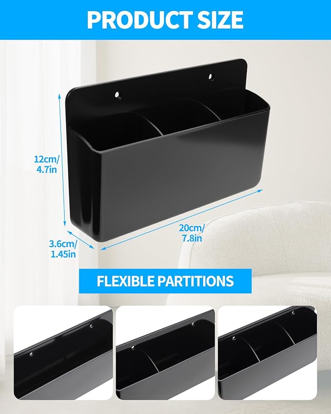 1 PCS Adhesive Remote Control Holder Wall Mount, 3 Slot Adjustable Remote Holder for TV Controller with Hollow Bottom for Charging, Wall Pen Holder for Home Office School (Black, 1)
