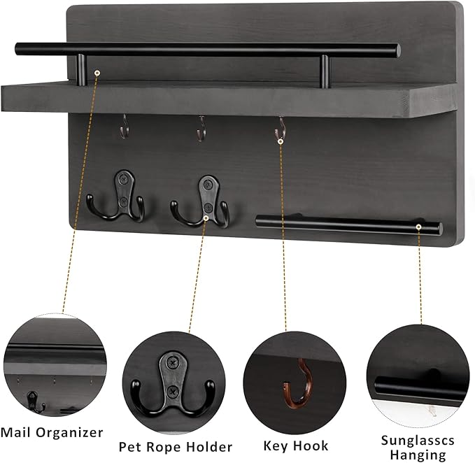 OurWarm Wall Mounted Key Hanger with 5 Hooks, Decorative Wooden Mail Organizer with Shelf, Rustic Home Decor for Entryway, Mudroom, Office, Hallway