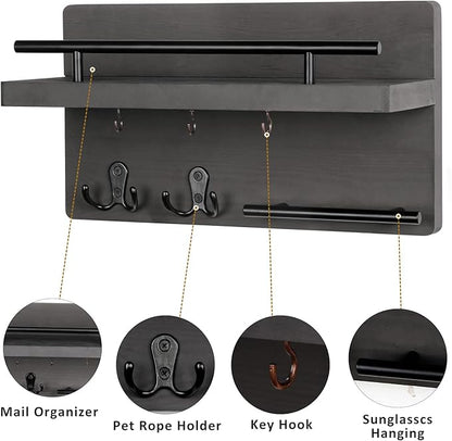 OurWarm Wall Mounted Key Hanger with 5 Hooks, Decorative Wooden Mail Organizer with Shelf, Rustic Home Decor for Entryway, Mudroom, Office, Hallway