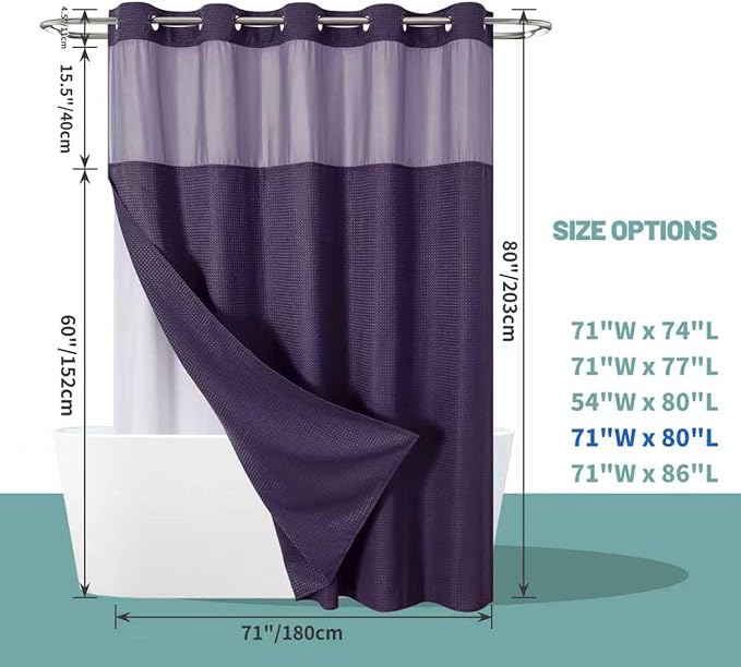 Purple Long No Hook Waffle Weave Shower Curtain with snap-in Liner Replacement, 230GSM Waterproof Fabric Hotel Shower Curtain Set for Bathroom, Through Mesh Top Window,71Wx80H