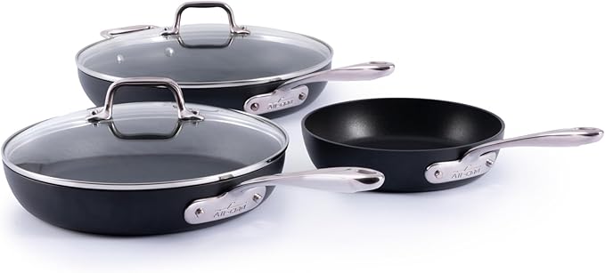 All-Clad HA1 Expert Hard Anodized NonstickFrying Pans Skillets Set with Lids (8", 10" & 12") Dishwasher-Safe, Oven-Safe Up to 500°F Compatible with All Stovetops (Gas, Electric & Induction) - Black