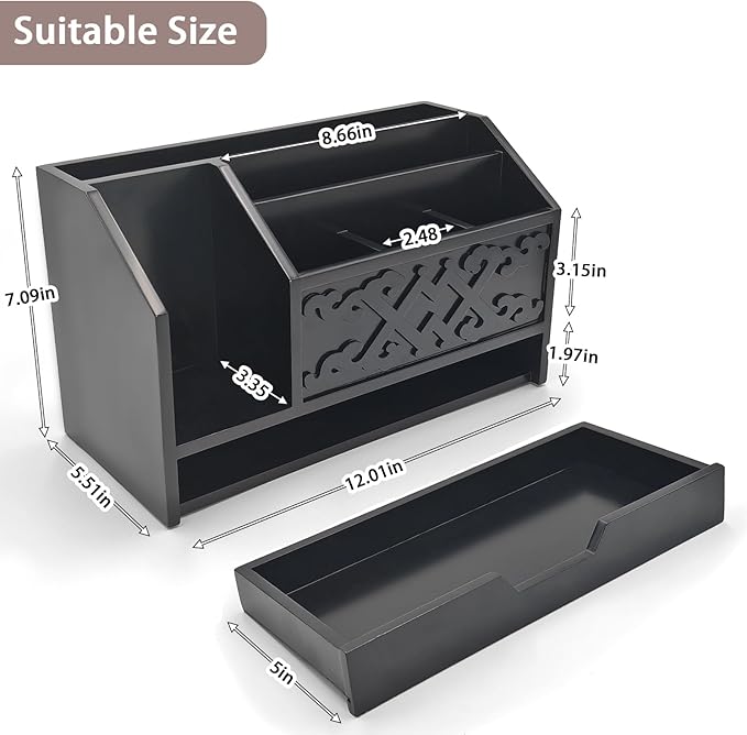Black Wooden Mail Organizer with Drawer, Three Tiered Desk Accessories for Office Organization and Storage, Stylish Countertop Document Storage, Home/Office/Classroom Supplies (Black03)