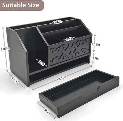 Black Wooden Mail Organizer with Drawer, Three Tiered Desk Accessories for Office Organization and Storage, Stylish Countertop Document Storage, Home/Office/Classroom Supplies (Black03)