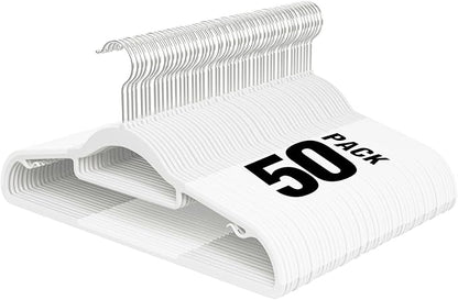 Plastic Hangers 50 Pack, 16.5 in Heavy Duty Clothes Hangers with 360° Swivel Hook, Non-Slip Bar & 0.2" Ultra-Slim Space-Saving Closet Organizers for Coats, Pants, Suits, Shirts, White