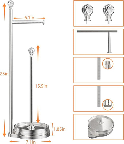 KASUNTO Toilet Paper Holder for Bathroom, Heavy Weighted Metal Free Standing Toilet Paper Holder Stand with Crystal Ball, Toilet Paper Roll Stand for Bathroom Accessories