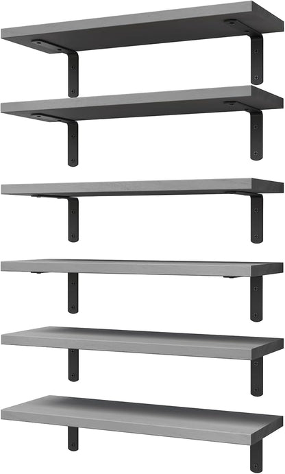 WOPITUES Wood Floating Shelves Set of 6, Shelves for Wall Decor, Farmhouse Shelf for Bedroom, Bathroom Storage Shelves, Book Shelves for Living Room-Grey