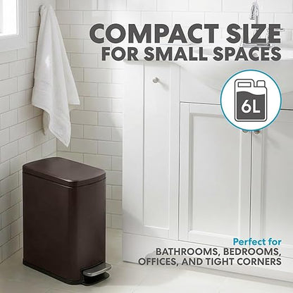 6L/1.6G Stainless Steel Bathroom Trash Can with Hands-Free Foot Pedal, Quiet Soft-Close Lid, Compact Space-Saving Size
