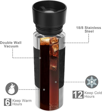 Travel Coffee Mug with 360°Lid, Travel Coffee Tumbler 16 oz Leak Proof, Stainless Steel Insulated Travel Mugs for Hot and Cold Spill Proof Leak Proof(Black)
