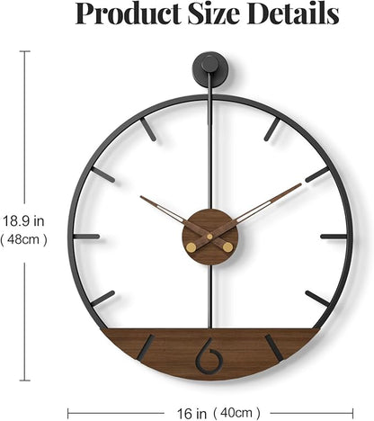 Cuspin 16 Inch Wall Clock with Walnut Wood Dial, Modern Decorative Clock Silent Non-Ticking Battery Operated Metal Frame for Living Room, Kitchen, Office, or Bedroom Wall Decor, Black and Brown