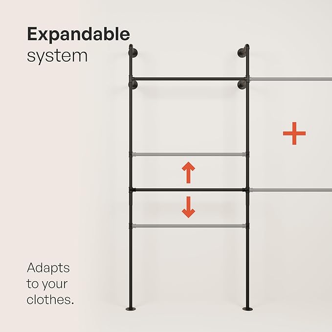 pamo Industrial Pipe Clothing Rack – Wall Mounted Black Closet System in Powder-Coated Steel – 154.33" W × 87.4" H – Easy Setup – Ideal for Walk-In Closets & Retail Use