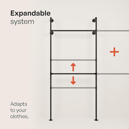 pamo Industrial Pipe Clothing Rack – Wall Mounted Black Closet System in Powder-Coated Steel – 154.33" W × 87.4" H – Easy Setup – Ideal for Walk-In Closets & Retail Use