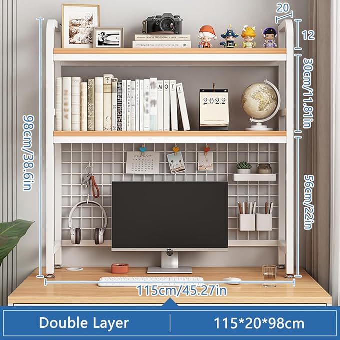 Desktop Hutch Bookshelf, 2-Tier Metal Desk Shelf with Grid Panel, Wooden Desktop Display Rack for Computer Monitor, Countertop Storage Organizer for Office Home Dorm (115cm White)