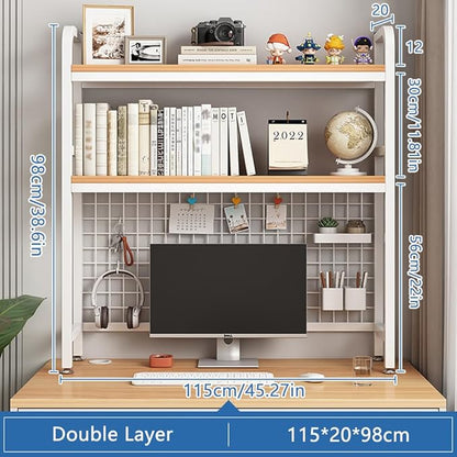 Desktop Hutch Bookshelf, 2-Tier Metal Desk Shelf with Grid Panel, Wooden Desktop Display Rack for Computer Monitor, Countertop Storage Organizer for Office Home Dorm (115cm White)