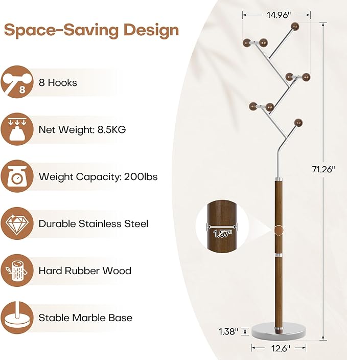 Coat Rack Freestanding, Metal Coat Tree with 8 Rubber Wood Hooks, Heavy Duty Coat Hanger Stand with Marble and Stainless Steel Base, Standing Hall Tree for Clothes, Hats, Bags, Jacket