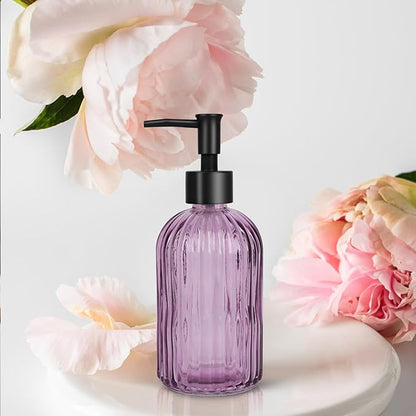 Topsky Stripe Glass Soap Dispenser with Black Plastic Pump, 400ml Liquid Hand Soap Dispenser, Rustproof Pump for Kitchen & Bathroom, Great for Lotions, Essential Oil, Liquid Soaps-Purple