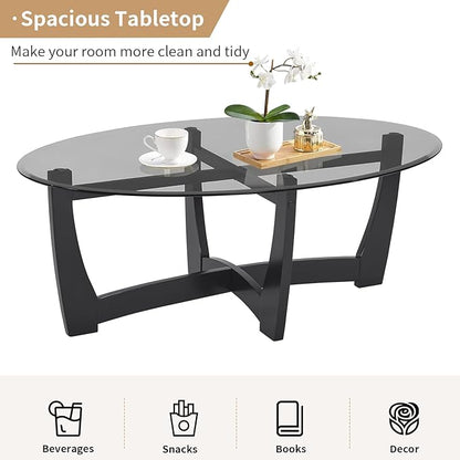 LKTART 48" Oval Glass Coffee Table with Black Tempered Glass Top Cross and Solid Wood Base Simple & Modern Center Table for Living Room Office Apartment Black