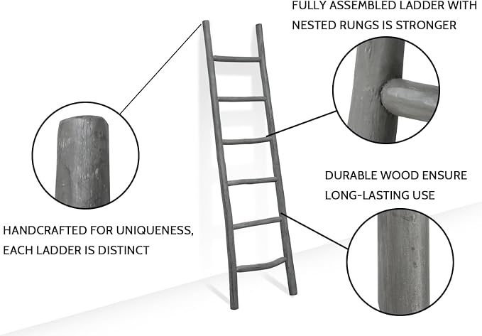 FUIN Fully Assembled 6ft Wood Blanket Ladder Living Room Decorative Wall Leaning Farmhouse Quilt Display Holder Rustic Wooden Towel Rack for Bathroom, Gray