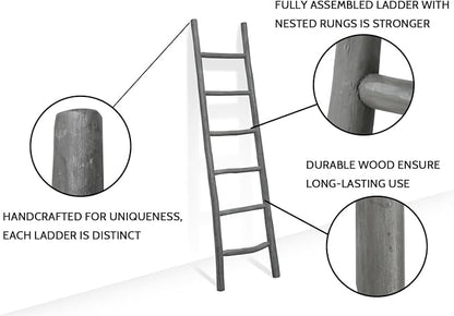 FUIN Fully Assembled 6ft Wood Blanket Ladder Living Room Decorative Wall Leaning Farmhouse Quilt Display Holder Rustic Wooden Towel Rack for Bathroom, Gray