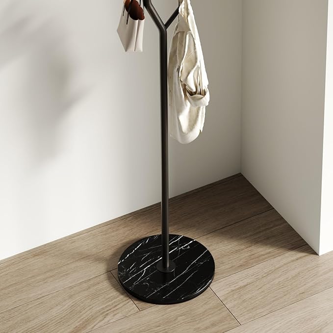 Creative Tree Branch-Look Coat Rack Freestanding with 6 Hooks & Sturdy Marble base Metal Clothes Hanger Stand for Entryway/Mudroom/Bedroom/Hallway/Home Office (Matte black)