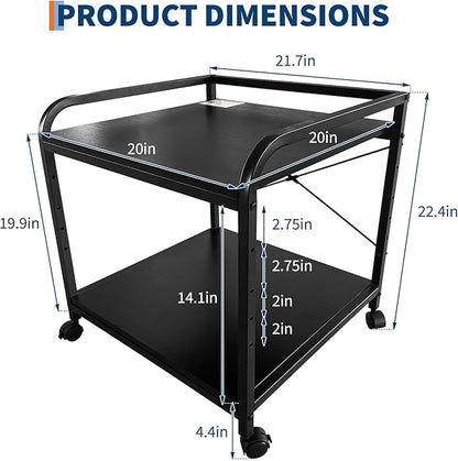 Garvee Under Desk Printer Stand, 2 Tier Printer Stand with Height Adjustable Storage Shelf, 20" Deep Large Rolling Printer Cart with Wheels for Home Office, Black