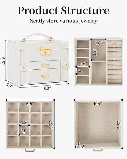 TORIBIO Jewelry Box for Women, Leather Jewelry Organizer with Mirror & Lock, 3-Tier Jewelry Storage Organizer with 2 Drawers for Girls/Women/Mothers, Necklace Earring Bracelets Holder Organizer