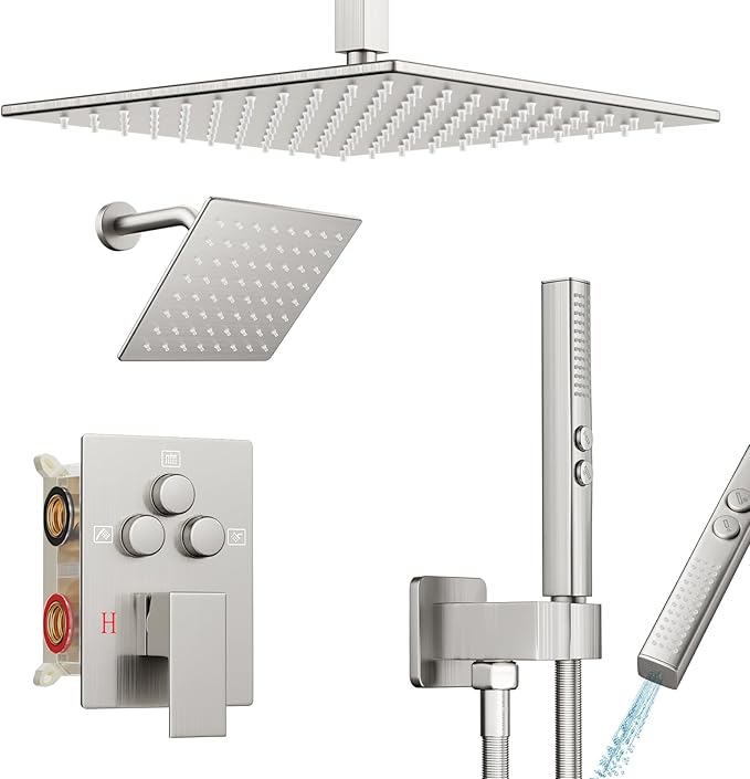 Shower Faucet Set Brushed Nickel Shower System, Ceiling Mount 12 Inch Shower Head With Wall Mount 6 Inch Shower Head and 2 in 1 Handheld Spray, Push Button Diverter Shower Valve Trim Kit